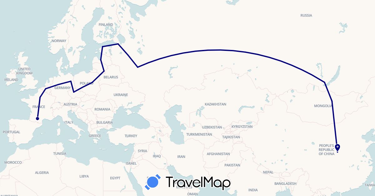 TravelMap itinerary: driving in Belgium, China, Czech Republic, Germany, Estonia, France, Lithuania, Latvia, Mongolia, Poland, Russia (Asia, Europe)